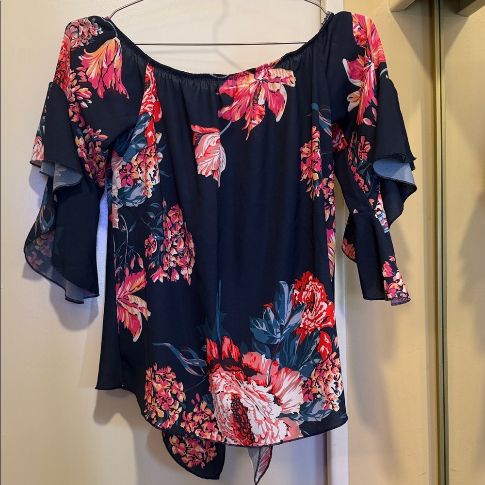 Navy Floral Off-Shoulder Ruffle Sleeve Top